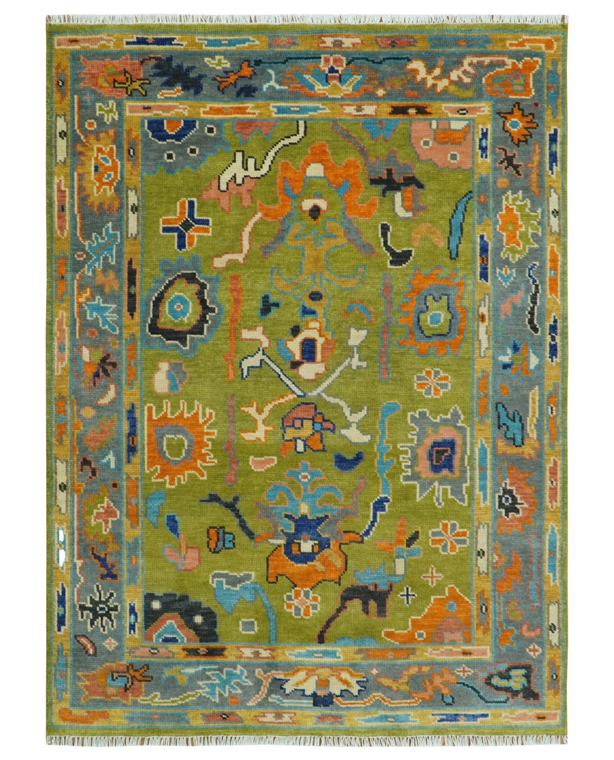 Custom Made Green, Gray and Peach Colorful Hand knotted Traditional Oushak wool Area Rug.