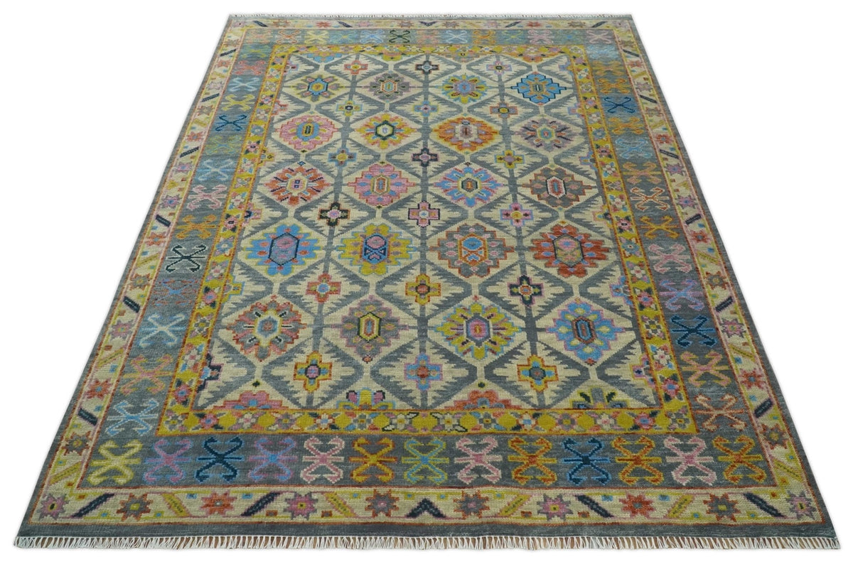 Custom Made Hand Knotted Beige, Gray and Mustard Oriental Multi Size Wool Area Rug.