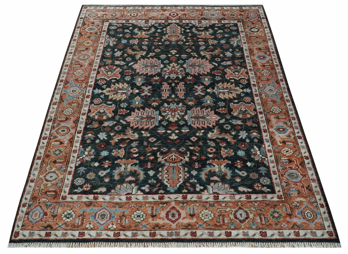 Custom Made Hand Knotted Black and Rust Traditional Oushak Wool Area Rug.