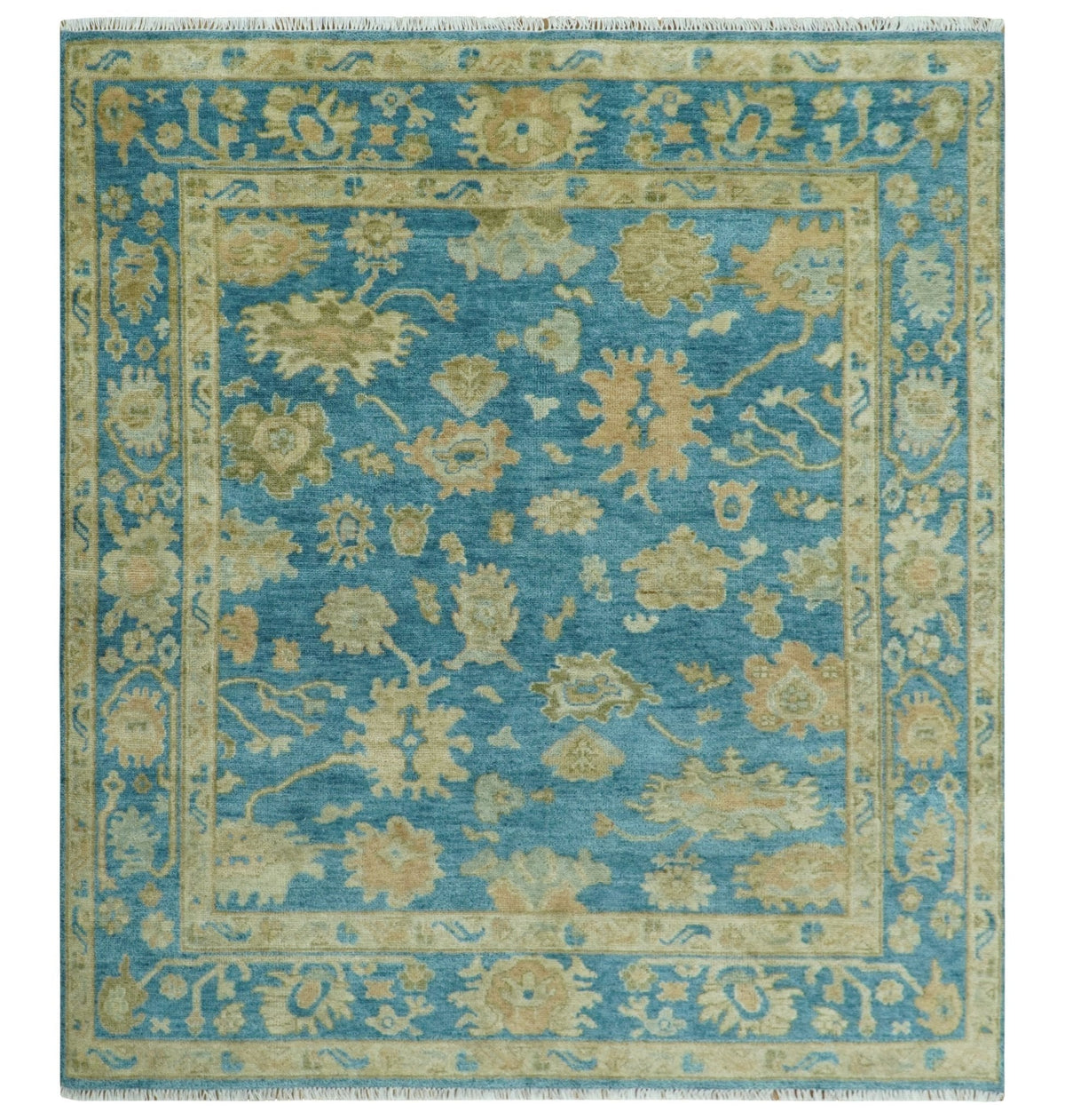 Custom Made Hand knotted Blue and Beige Traditional Oushak Wool Area Rug.