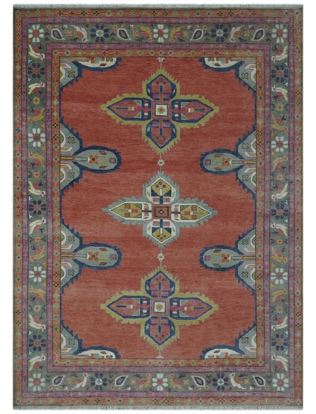 Custom Made Hand Knotted Dark Peach and Silver Traditional Wool Rug.