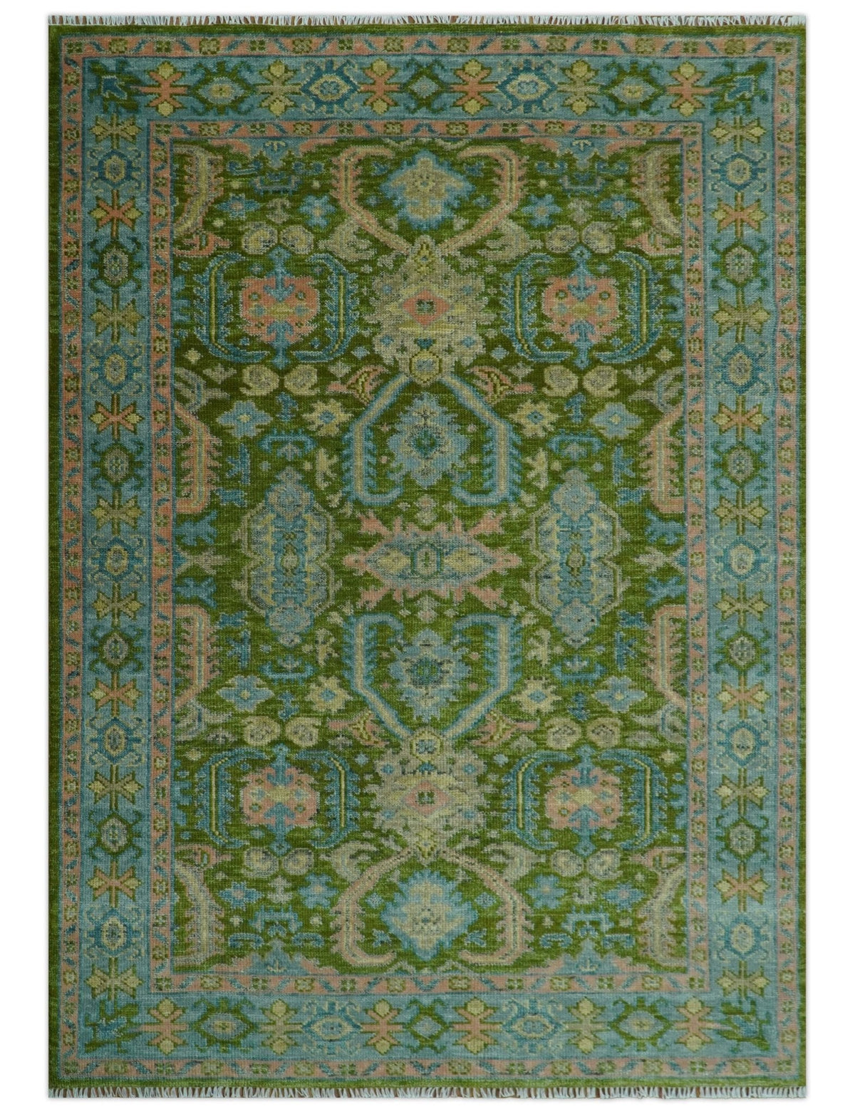 Custom Made Hand Knotted Green, Silver and Peach Traditional Oushak Wool Area Rug.