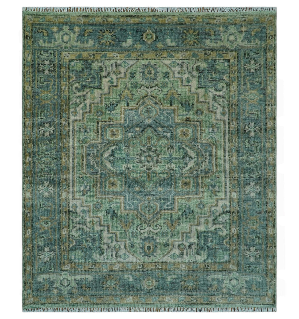 Custom Made Hand Knotted Green and Taupe Traditional wool rug.