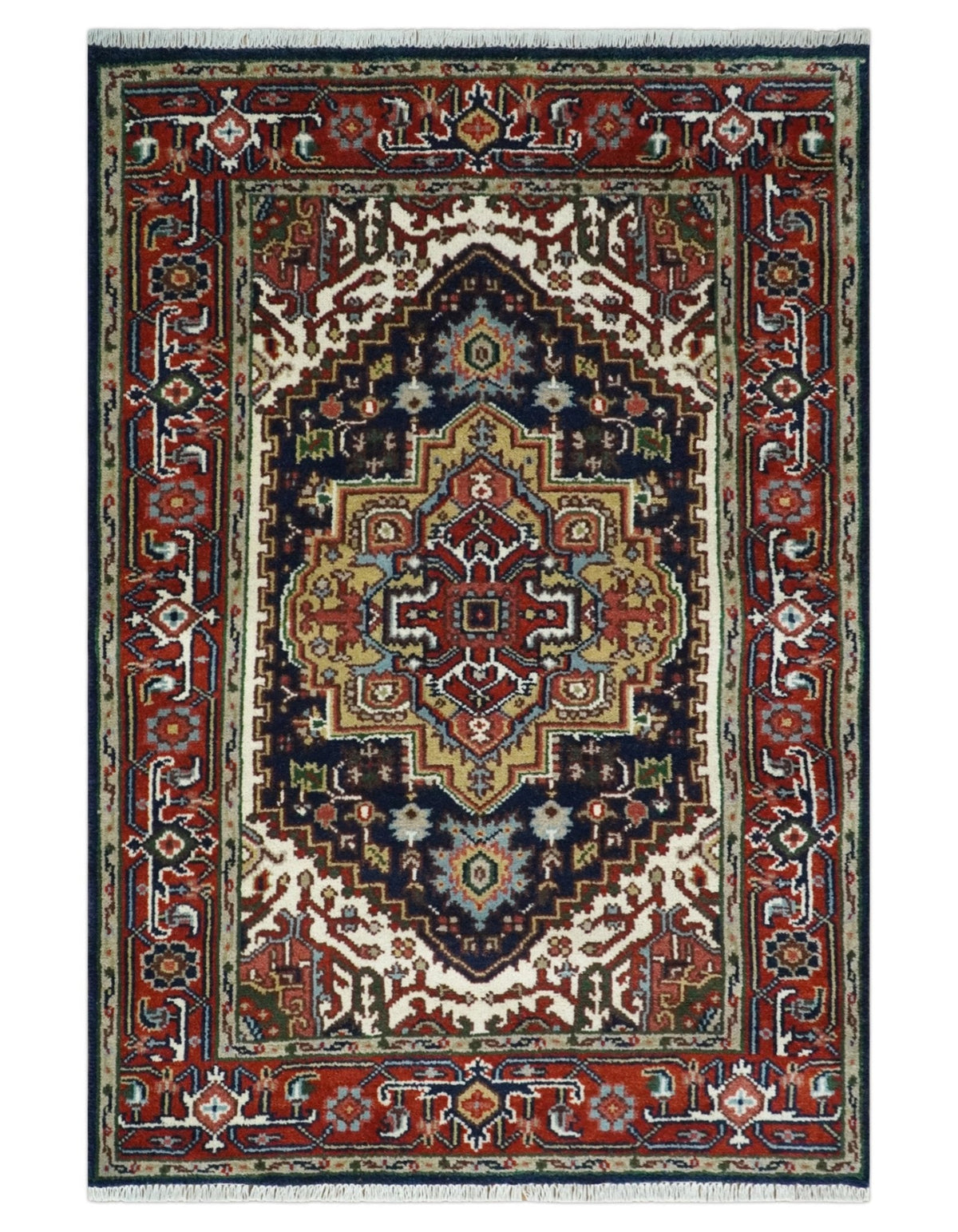 Custom Made Hand Knotted Multi Size Large Olive, Blue, Ivory and Rust Traditional Wool Rug.