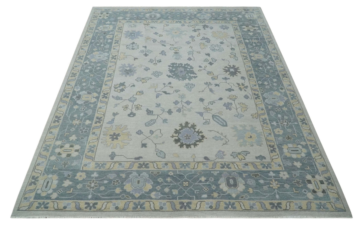Custom Made Hand Knotted Silver, Blue and Beige Traditional Oushak Wool Area Rug.