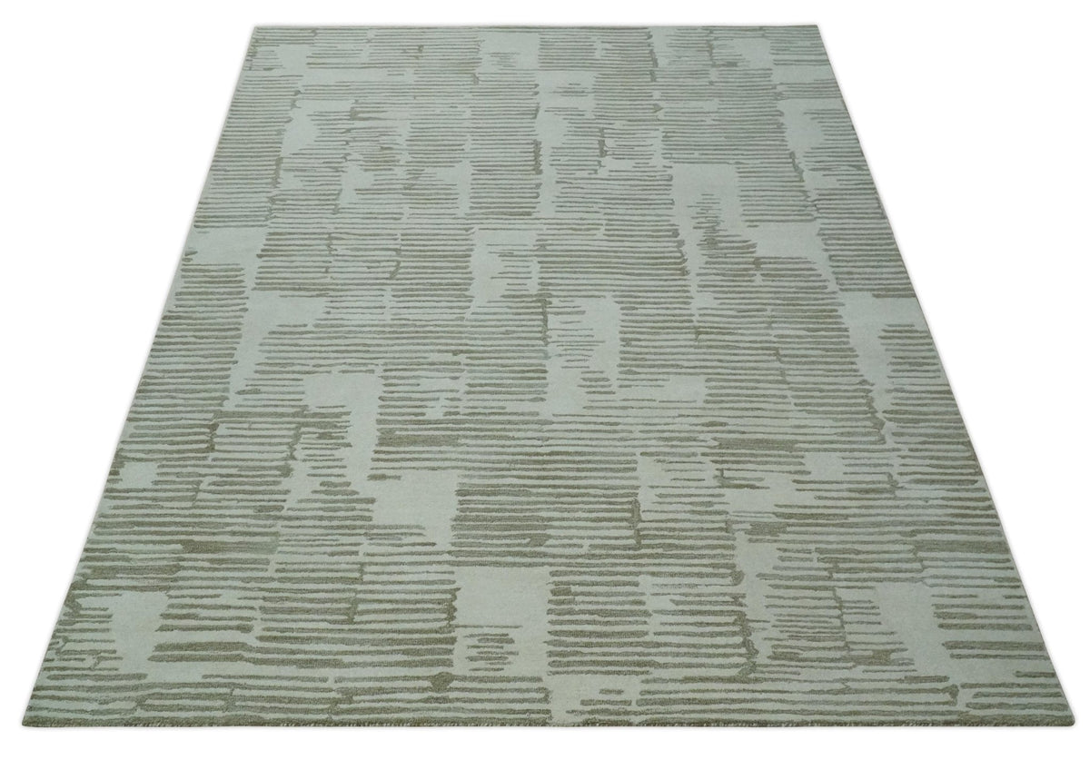 Custom Made Ivory and Olive Modern Design Hand Tufted Wool Rug.