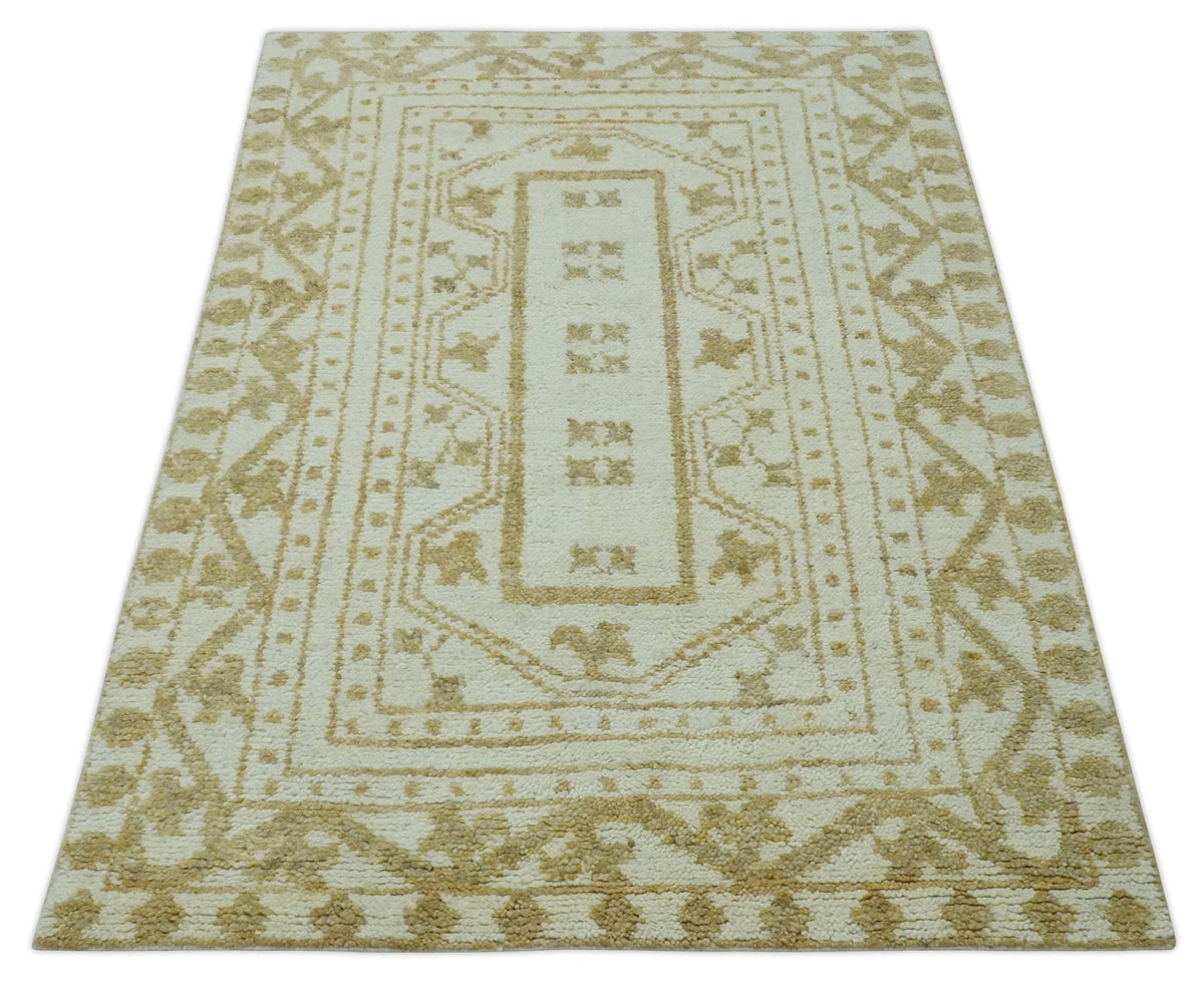 Custom Made Ivory and Olive Traditional Hand Knotted wool Area Rug.