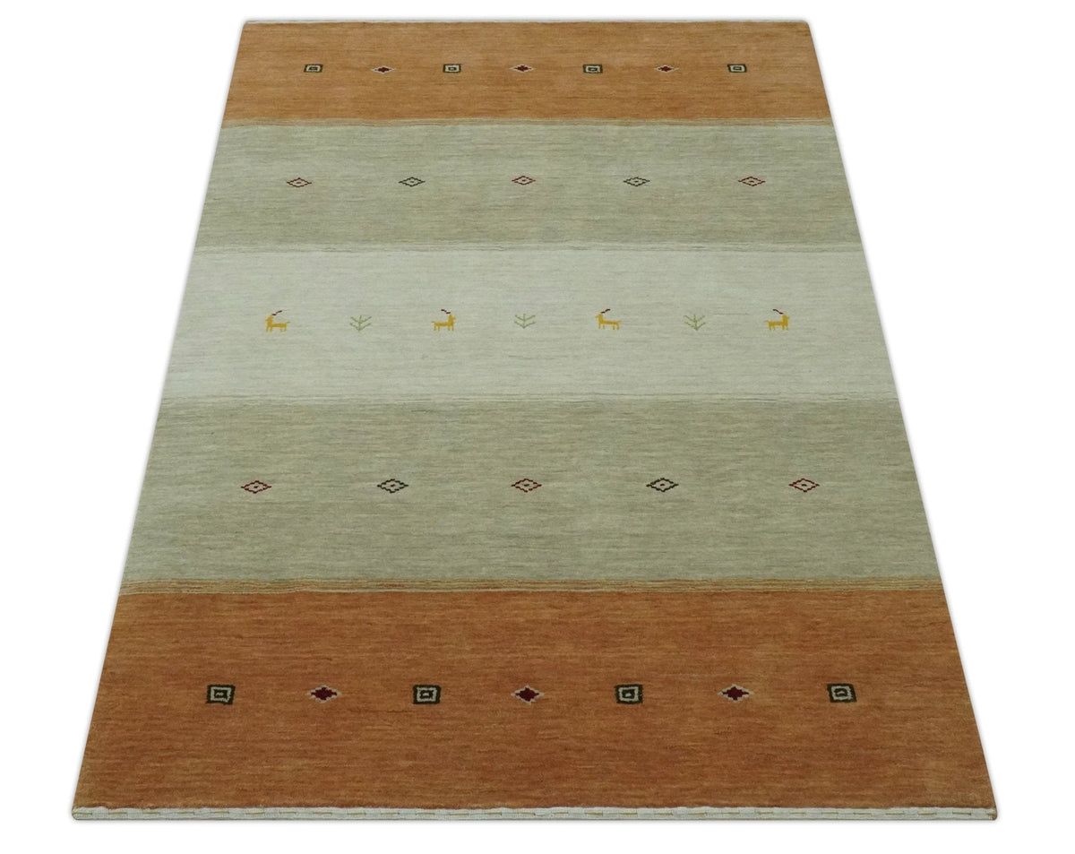 Custom Made Ivory, Beige and Rust Geometrical stripes Design Hand loom Wool Area Rug.