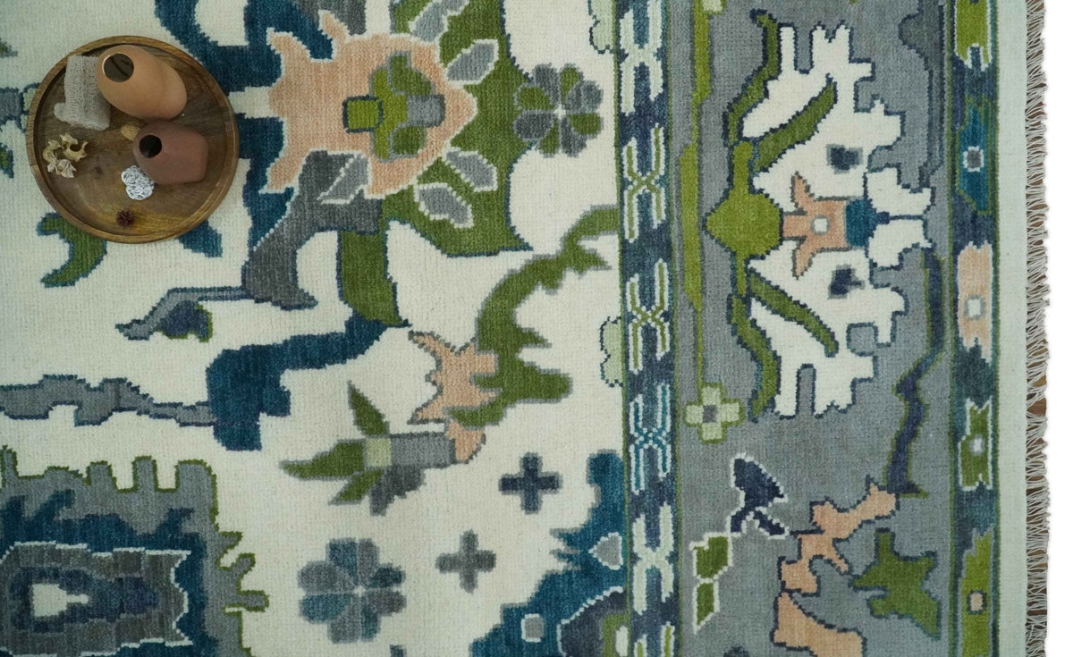 Custom Made Ivory, Gray and Green Hand knotted Traditional Oushak Wool Area Rug.