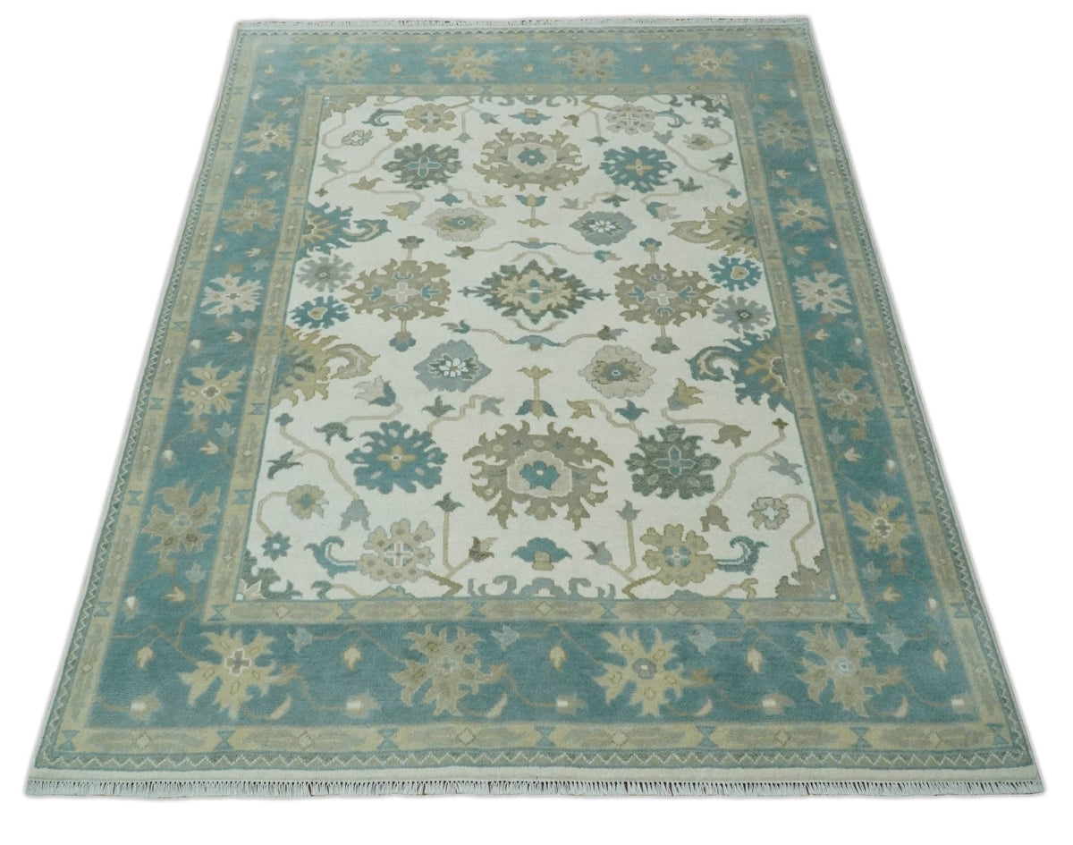 Custom Made Ivory, Teal and Beige Floral Hand Knotted Traditional Oushak Wool Area Rug.