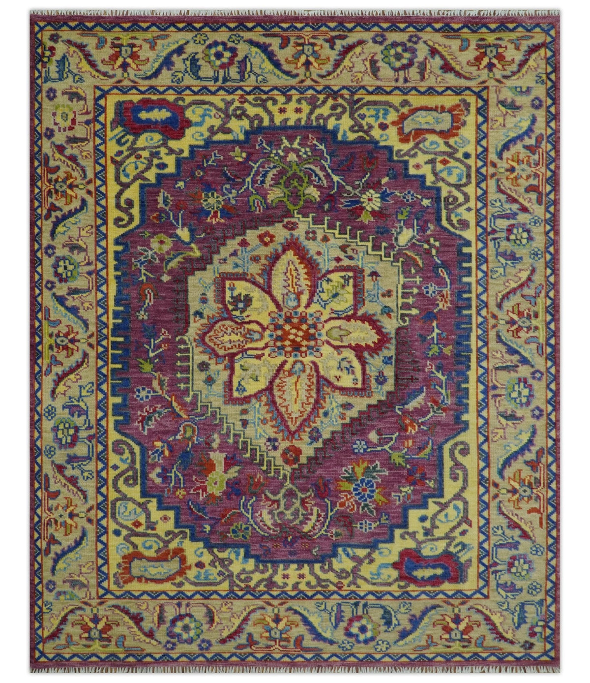 Custom Made Light Green and Purple Medallion Traditional Hand Knotted Wool Area Rug.