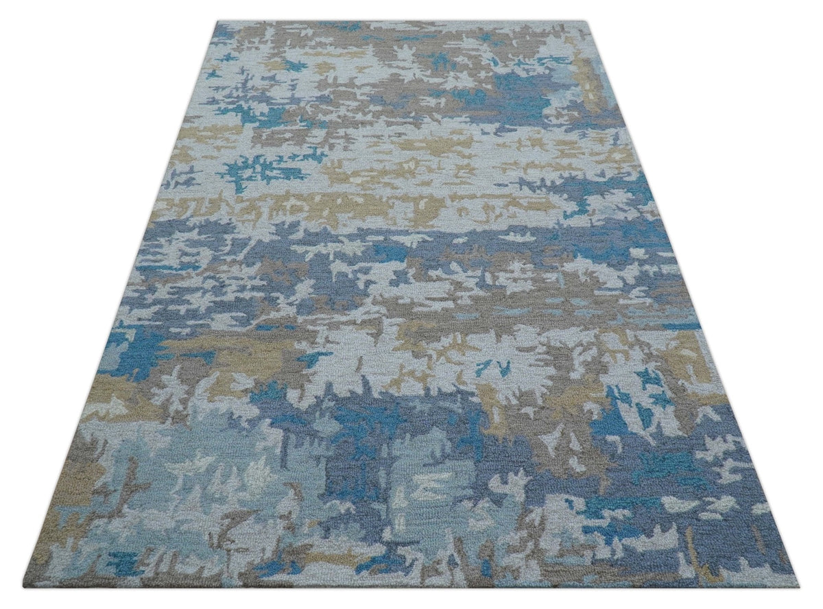 Custom Made Modern Abstract Blue And Beige Hand Tufted Wool Area Rug.