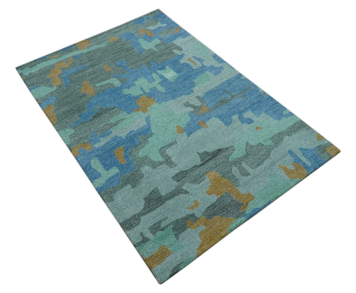 Custom Made Modern Blue Abstract Design Hand Tufted Wool And Viscose Area Rug.