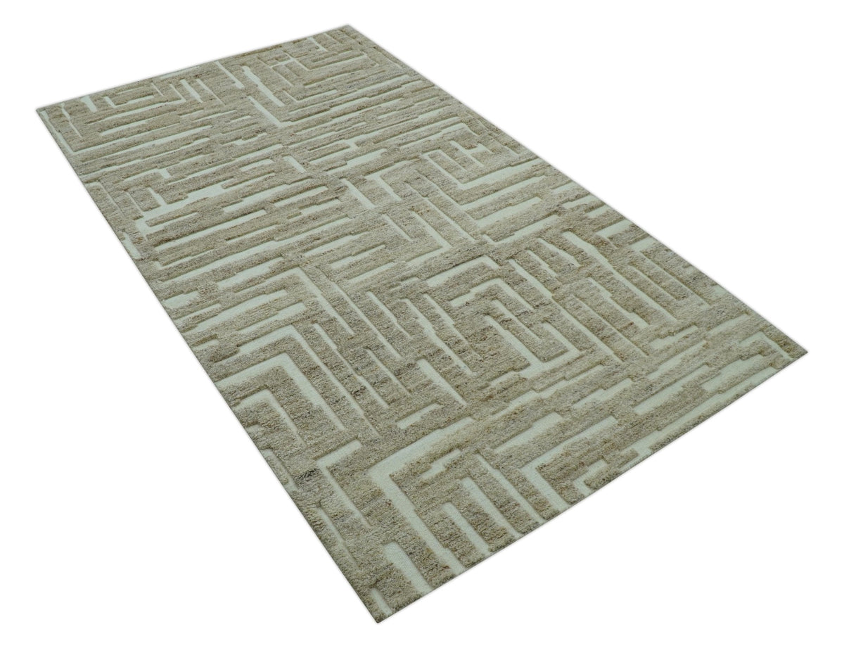 Custom Made Modern Contemporary Beige Hand Knotted Wool Area Rug.