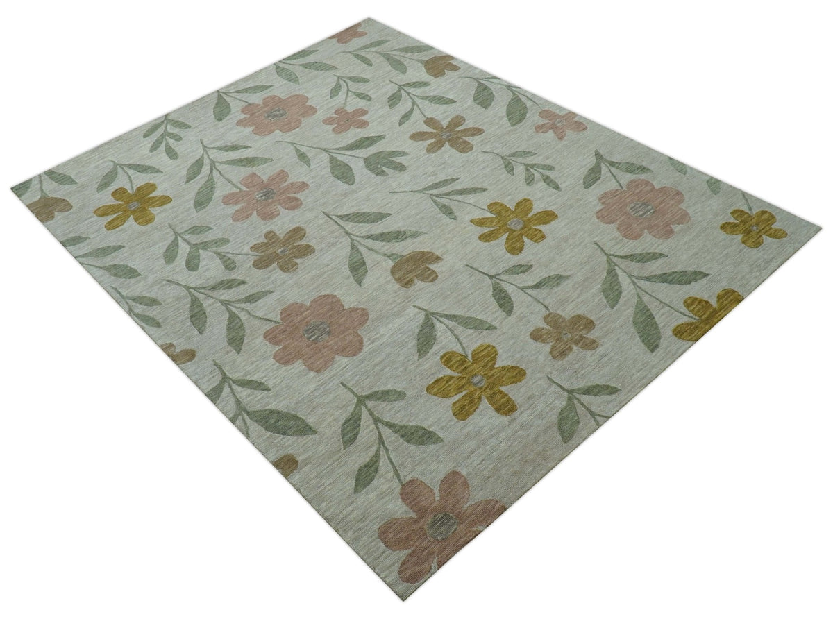 Custom Made Modern Floral Design Beige Hand Tufted Wool Area Rug.