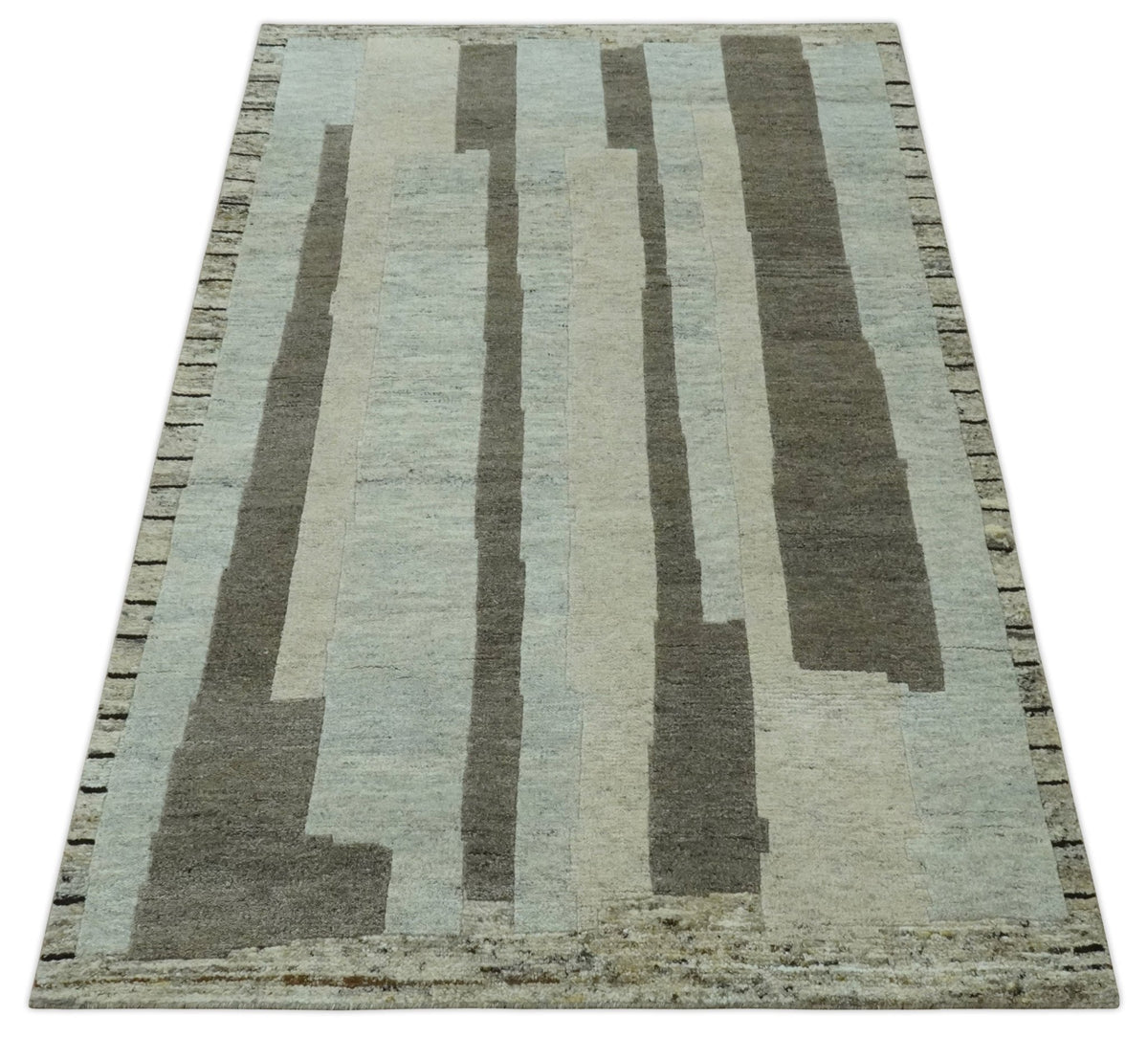 Custom Made Modern Geometrical Silver, Ivory and Charcoal Hand Knotted Wool area Rug.
