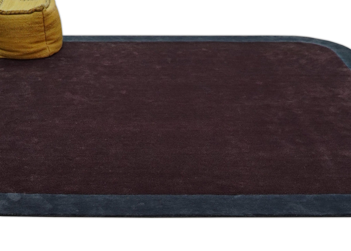 Custom Made Modern Solid Maroon And Gray Hand Knotted Wool And Art Silk Rug.