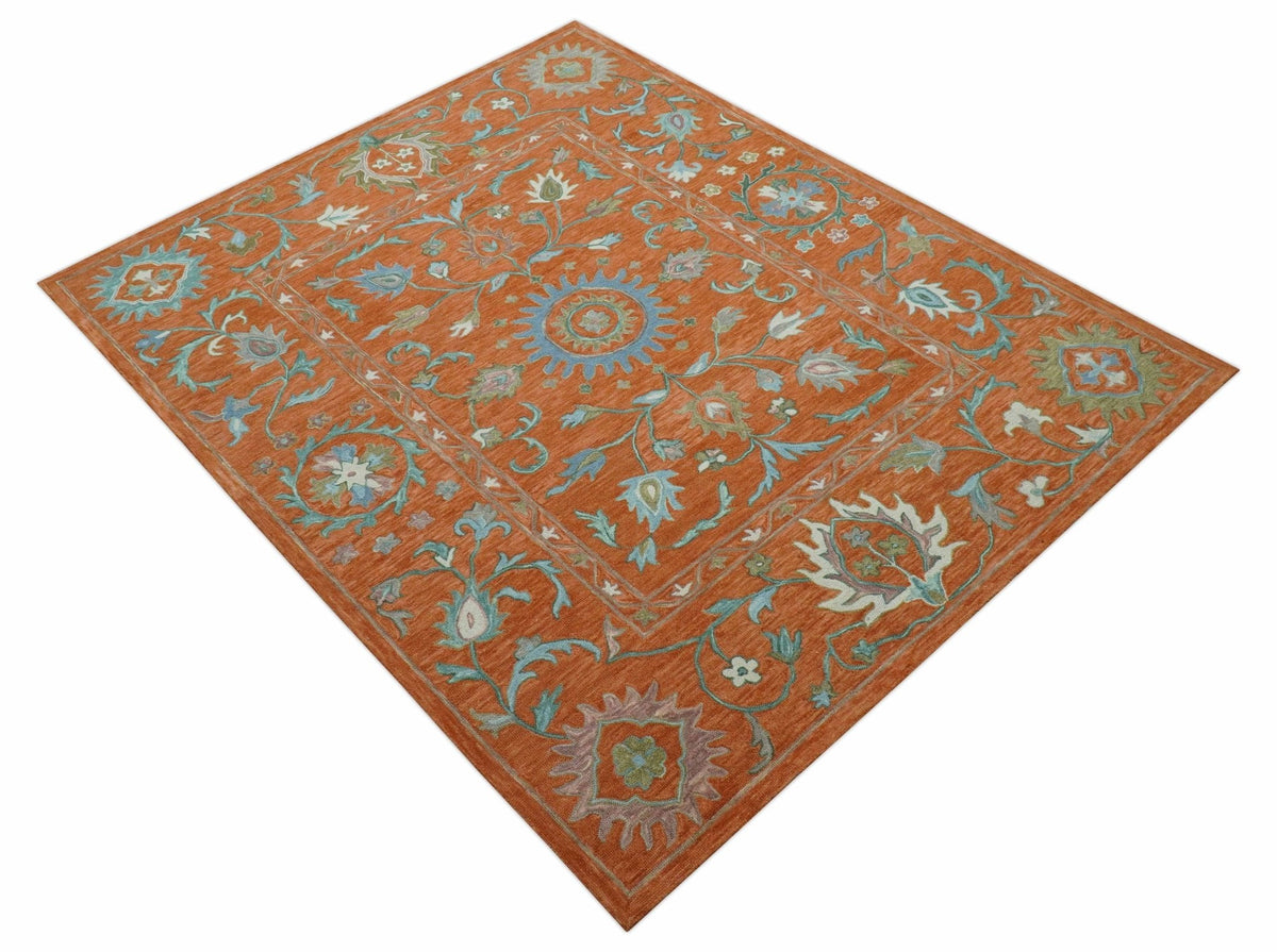 Custom Made Oriental Uzbek Design Floral Rust Hand Tufted Wool Area Rug.