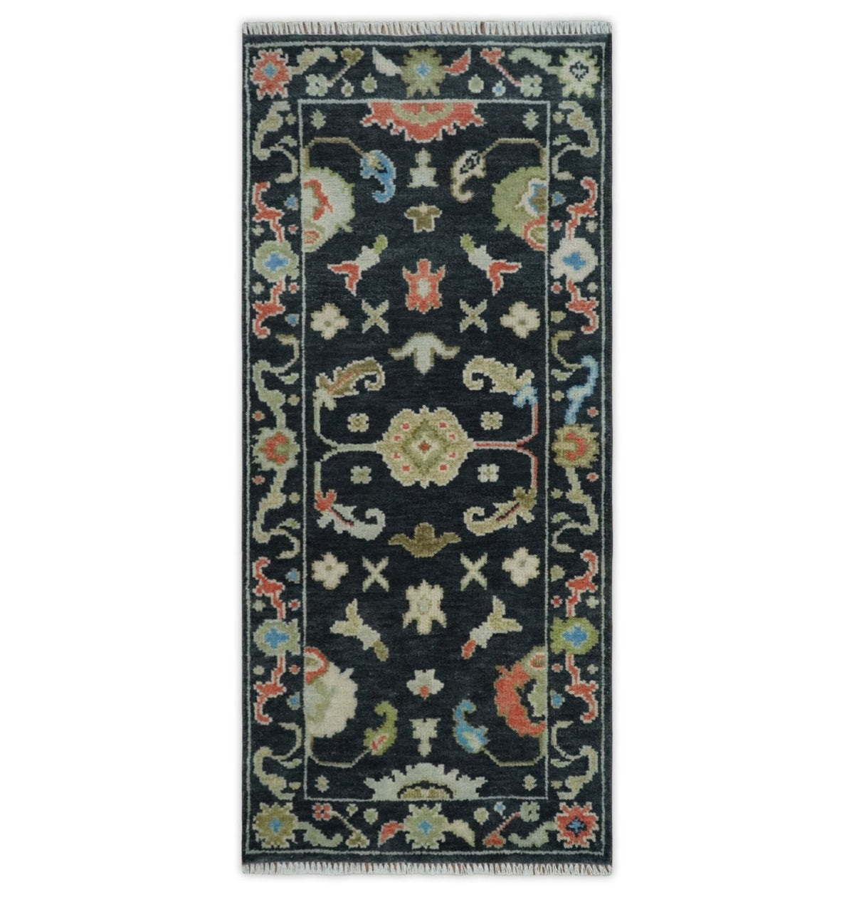 Custom Made Oushak Black And Rust Hand Knotted Runner Wool Rug.