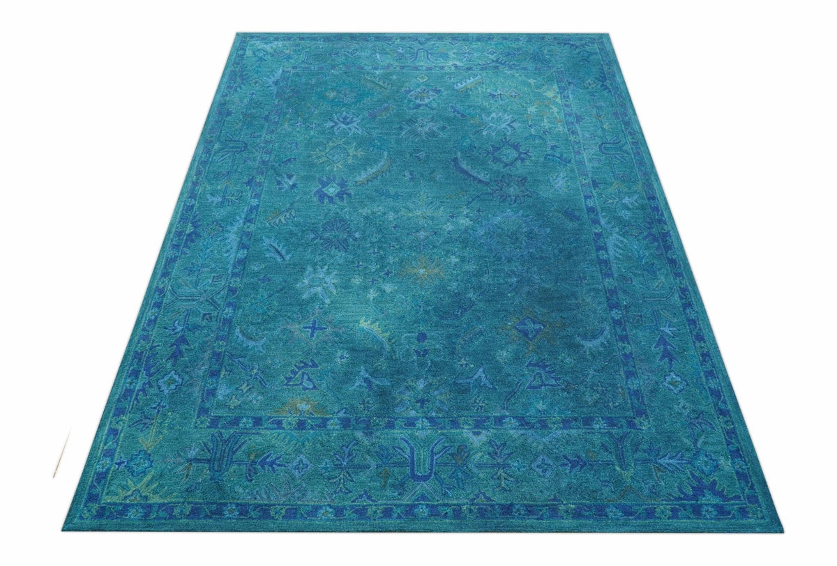 Custom Made Overdyed Traditional Oushak Blue Hand Tufted Wool Area Rug.