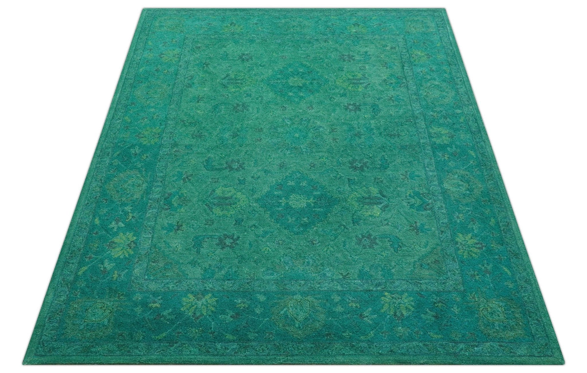Custom Made Overdyed Traditional Oushak Green Hand Tufted Wool Area Rug.