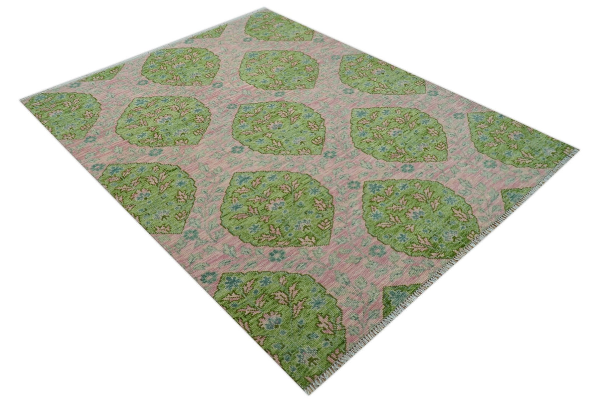 Custom Made Pink And Green Traditional Floral Motifs Design Hand Knotted wool area rug.