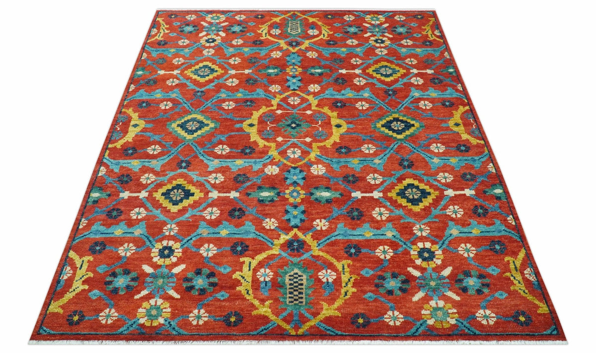 Custom Made Red And Blue Traditional Floral Motifs Hand Knotted Wool Rug.