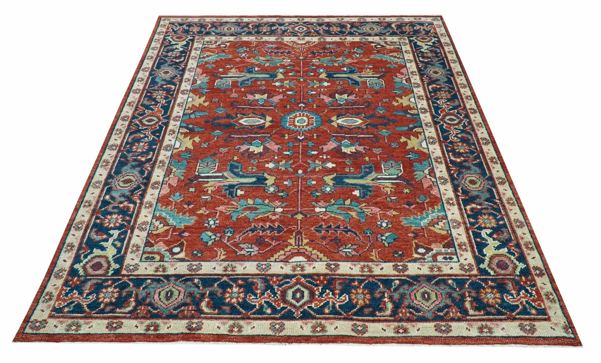Custom Made Red And Blue Traditional Hand Knotted Wool Rug.