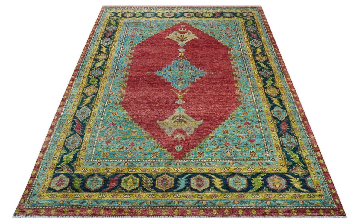 Custom Made Red And Blue Traditional Serapi Hand Knotted Wool Rug.