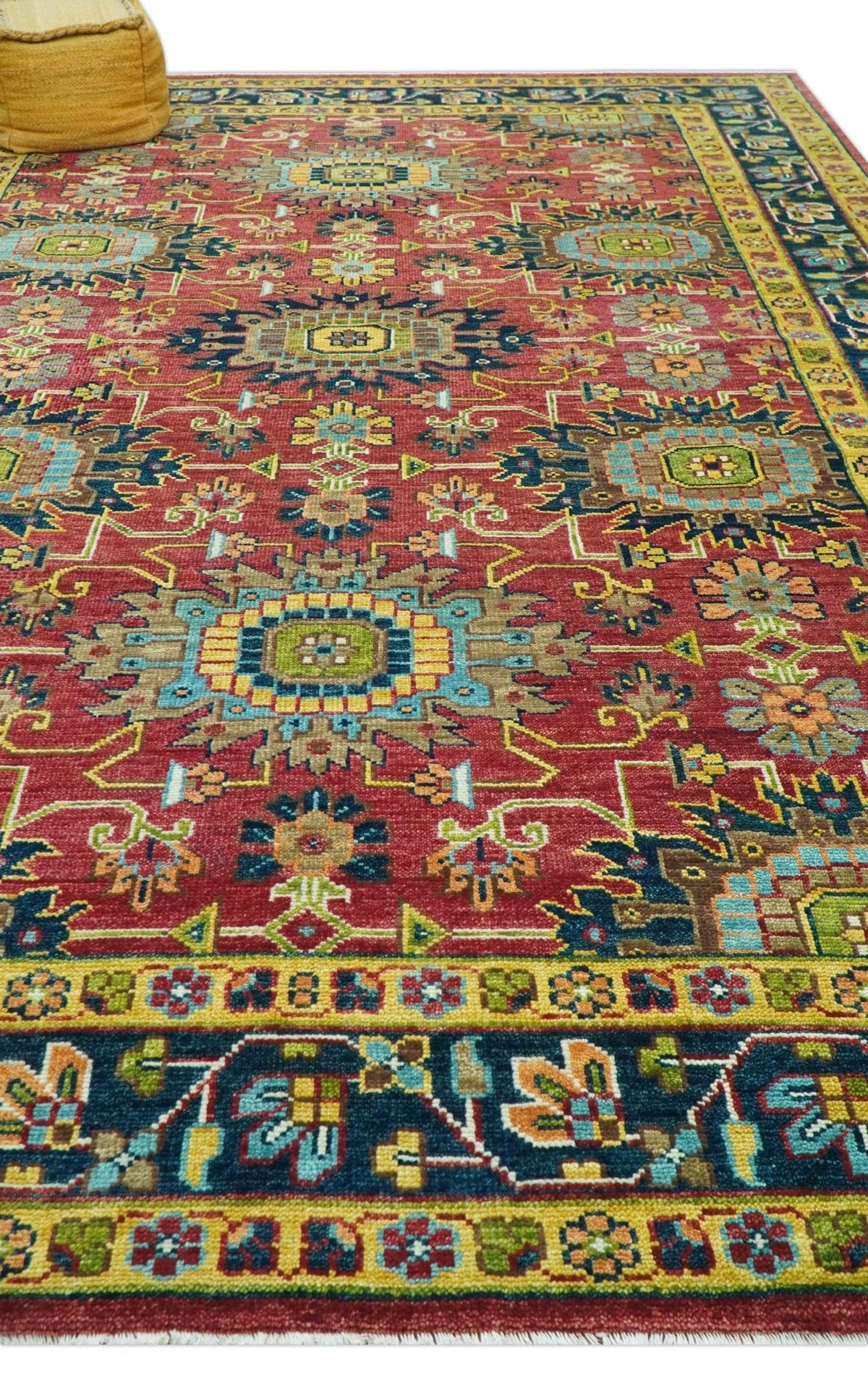 Custom Made Red And Mustard Traditional Floral Design Hand Knotted Wool Rug.