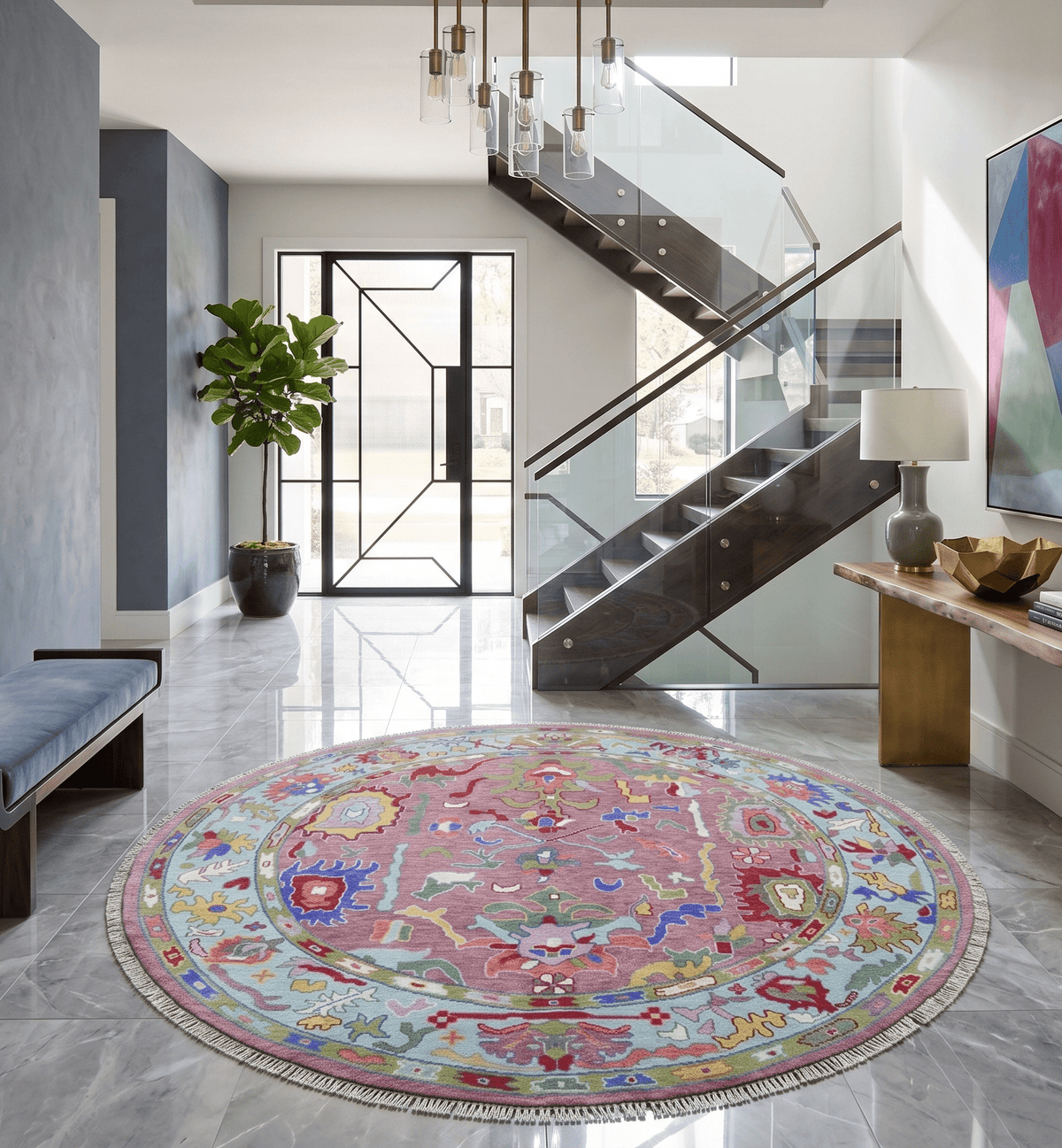 Custom Made Round Traditional Oushak Pink And Blue Hand Knotted Wool Rug.