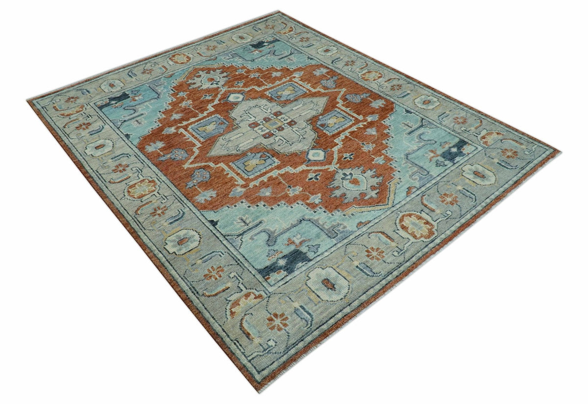 Custom Made Rust And Blue Traditional Serapi Design Hand Knotted Wool Rug.