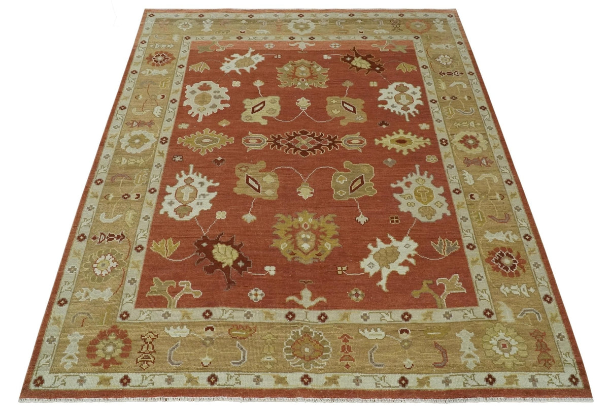 Custom Made Rust, Ivory and Beige Hand Knotted Traditional Oushak Multi Size Wool Area Rug.