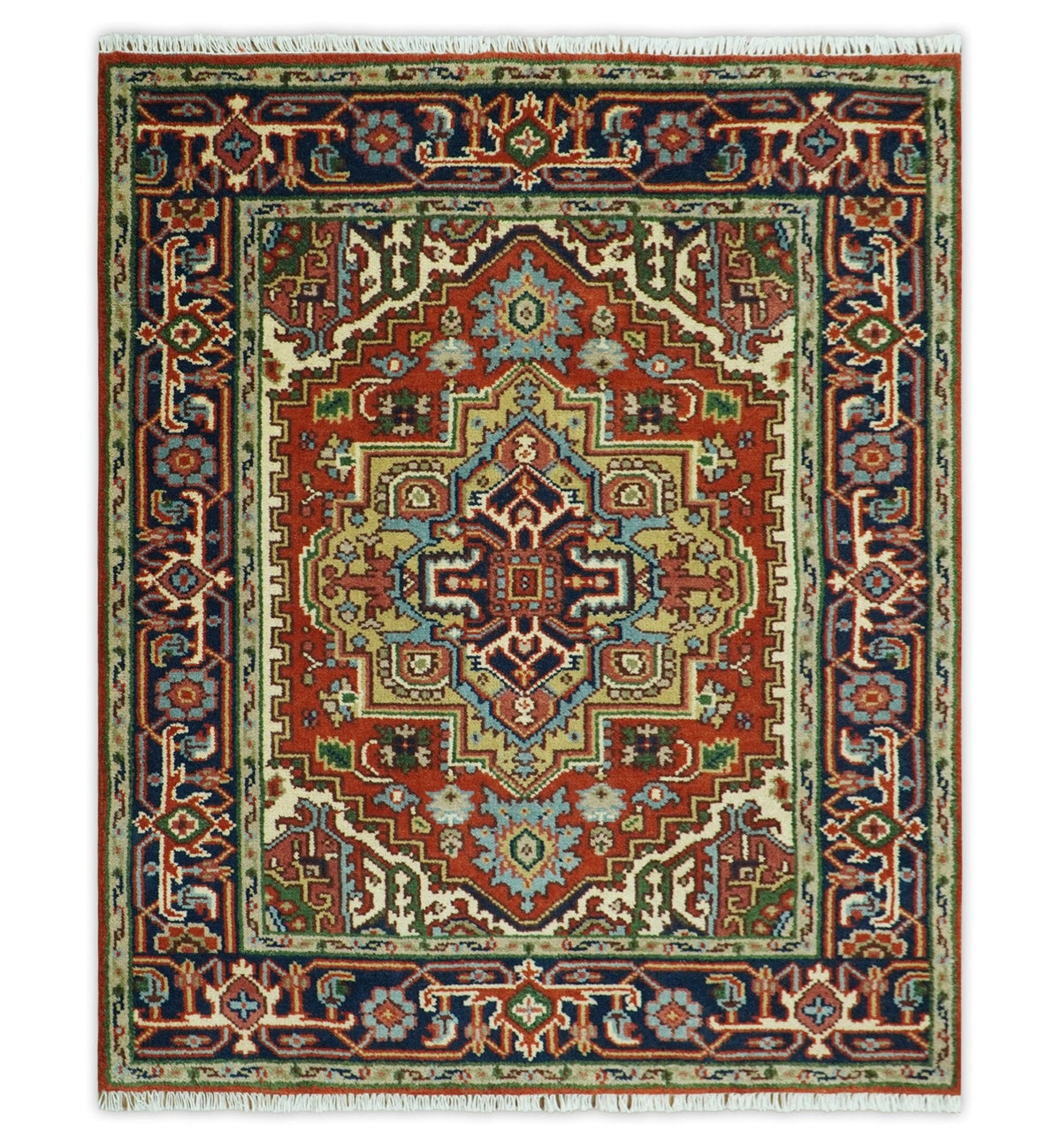 Custom Made Rust, Mustard, Ivory and Blue Hand Knotted Traditional Wool Area Rug.