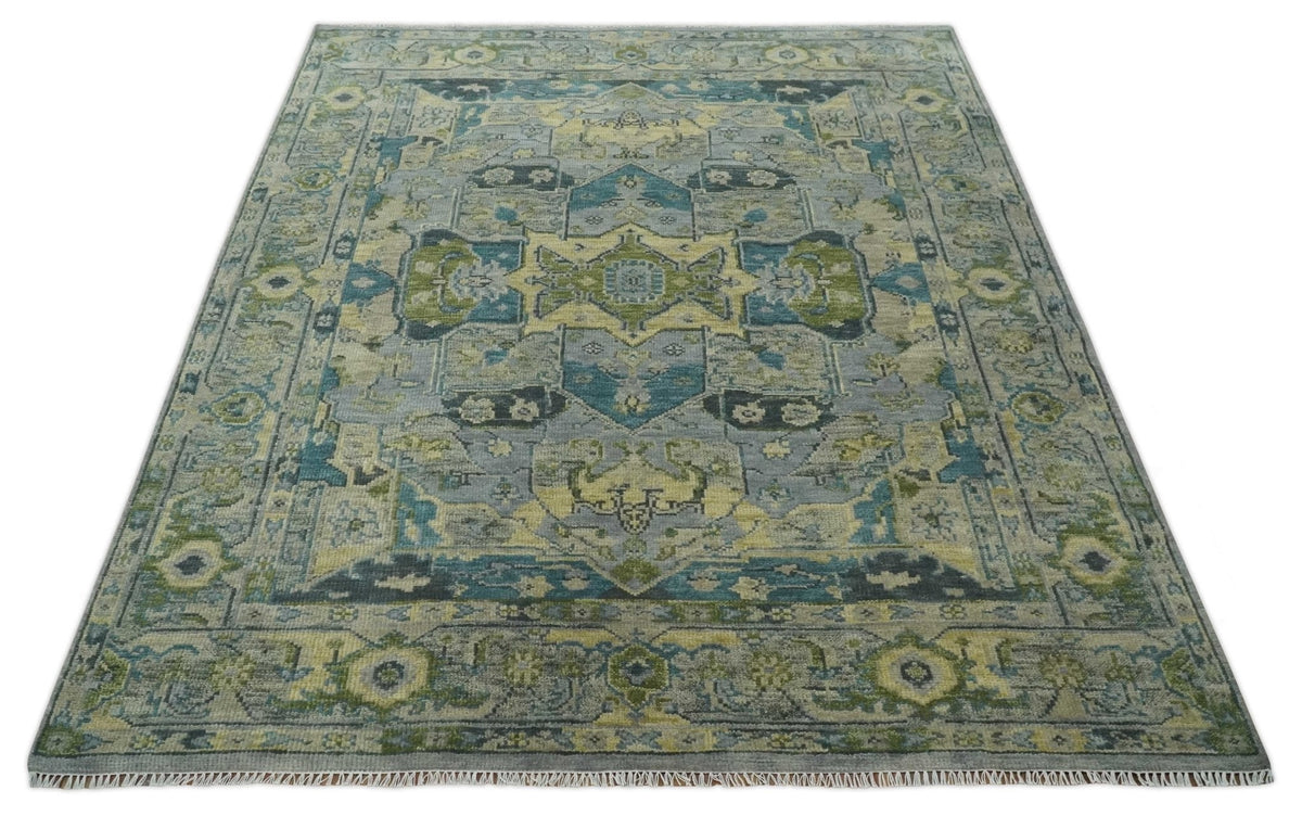 Custom Made Silver, Moss Green and Blue Heriz Traditional wool Area Rug.