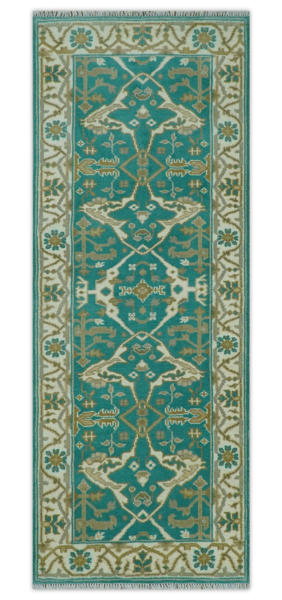 Custom Made Teal and Ivory Hand knotted Oriental Oushak Multi Size wool Area Rug.