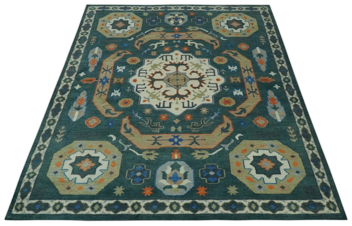 Custom Made Teal and Ivory Hand Knotted Traditional Mamluk Design wool Rug.