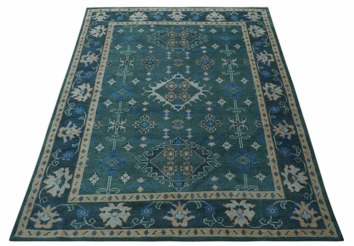 Custom Made Teal, Blue, Peach and Silver Hand Knotted Traditional Heriz wool Area Rug.
