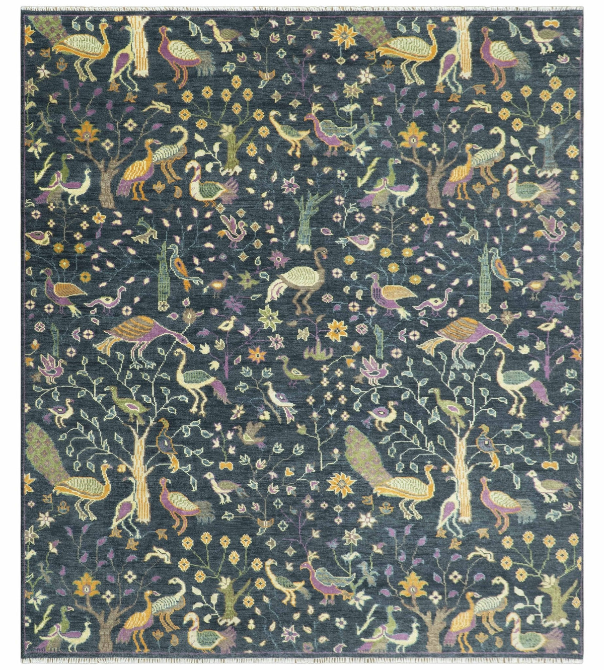 Custom Made The Jungle Life Peacock on tree Rug Hand Knotted Blue and Green Wool Rug.