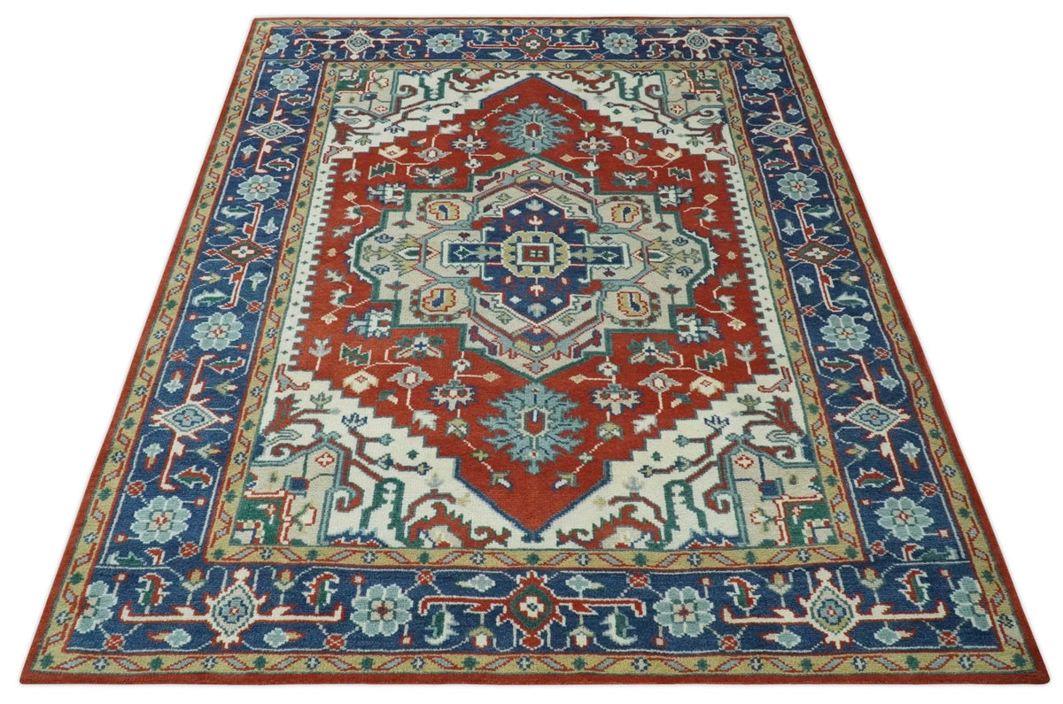 Custom Made Traditional Rust, Ivory and Blue Heriz Medallion Wool Area Rug.