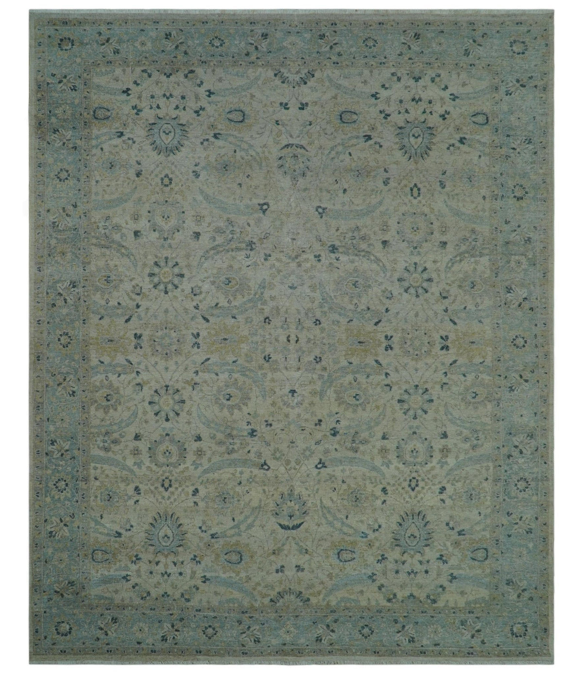 Custom Made Traditional Distressed Blue And Beige Hand Knotted wool area rug.