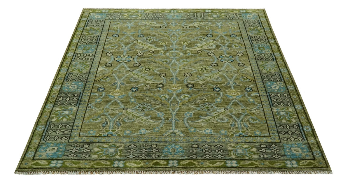 Custom Made Traditional Floral Green and Aqua Hand Knotted wool area rug.