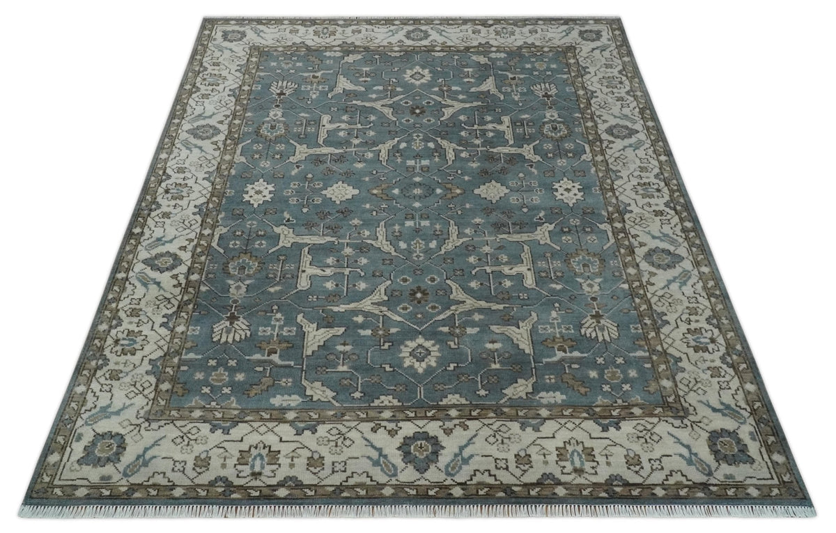 Custom Made Traditional Hand Knotted Blue, Ivory and Brown Oriental Oushak wool Area Rug.