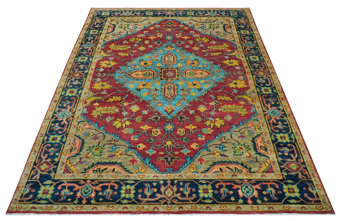 Custom Made Traditional Heriz Design Maroon And Olive Hand Knotted Wool Rug.