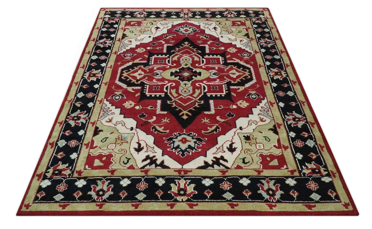 Custom Made Traditional Heriz Maroon, Olive and Black Floral Hand Knotted wool Rug.