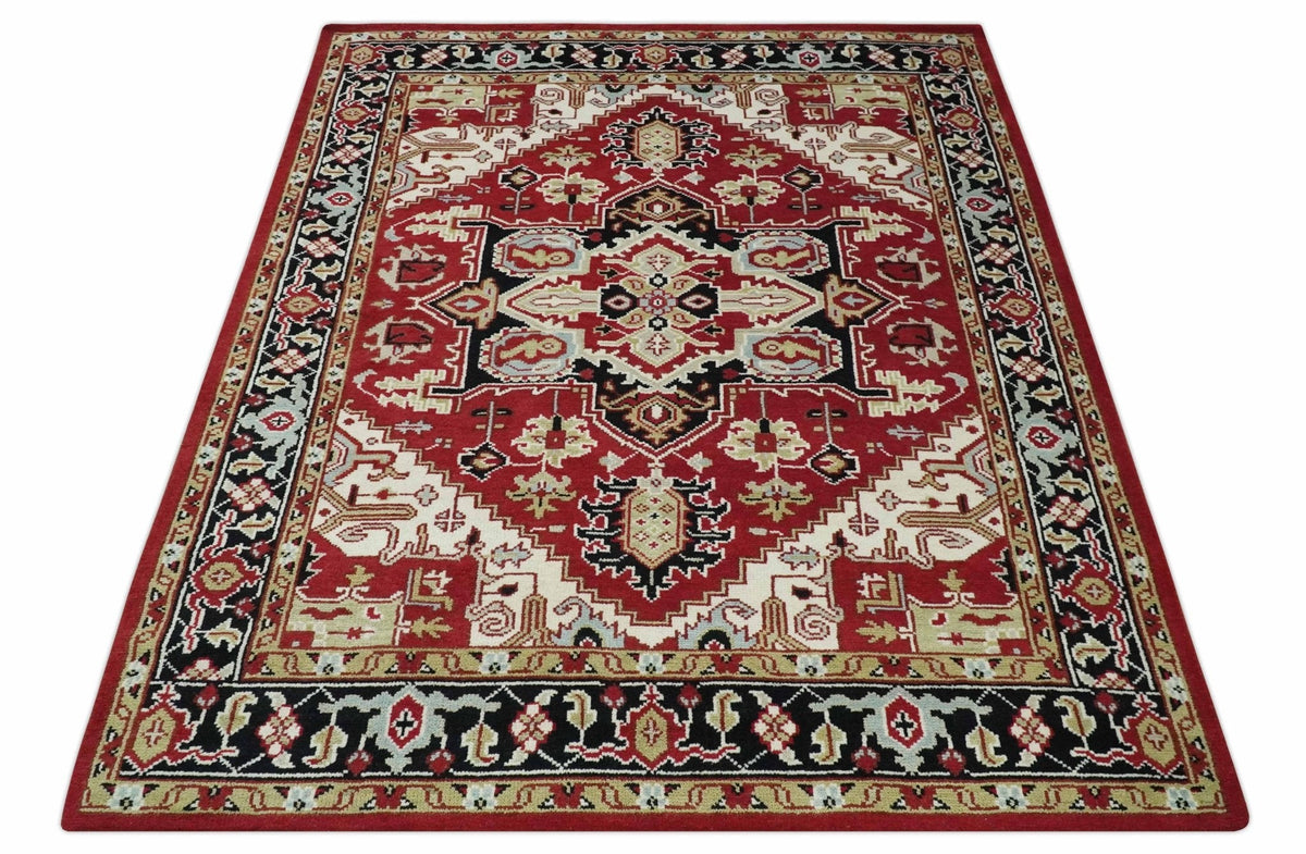 Custom Made Traditional Heriz Rust, Ivory, Black and Beige Hand knotted Medallion Wool Area Rug.