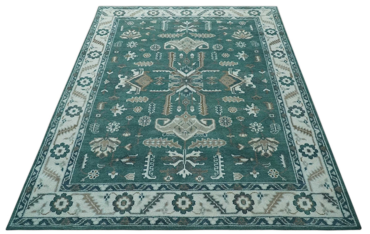 Custom Made Traditional Mamluk Design Teal, Ivory and Brown Hand Knotted wool Area Rug.