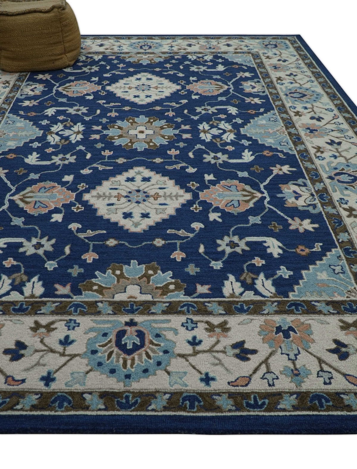 Custom Made Traditional Oriental Design Blue And Beige Hand-Tufted Wool Area Rug.