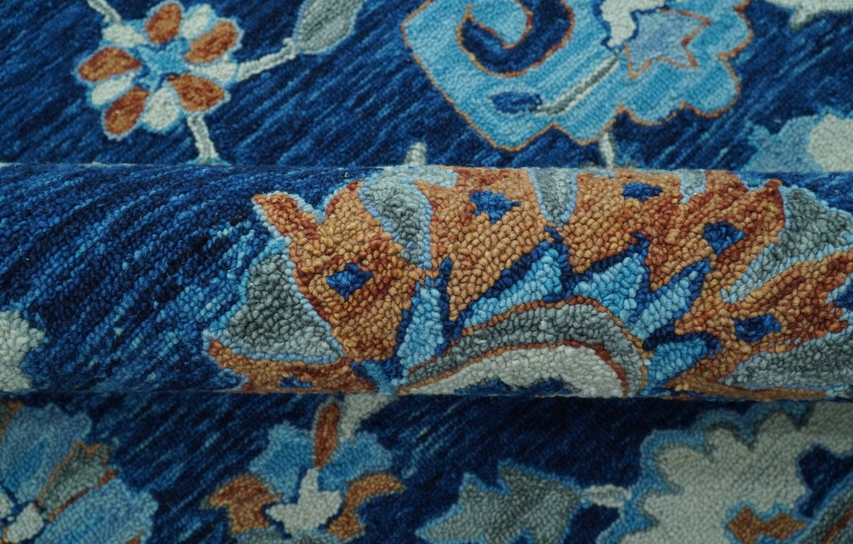 Custom Made Traditional Oriental Design Blue And Beige Hand-Tufted Wool Area Rug.