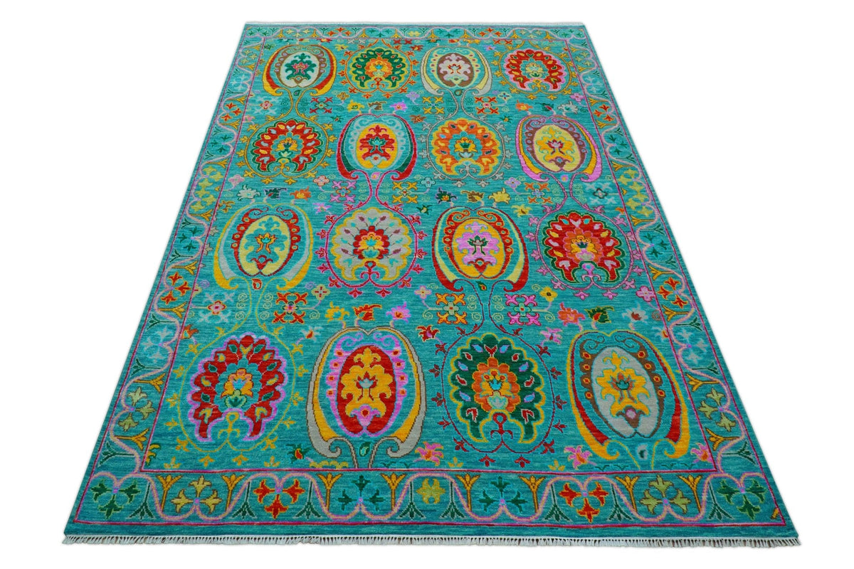 Custom Made Traditional Oriental Design Teal Hand Knotted Wool Area Rug.